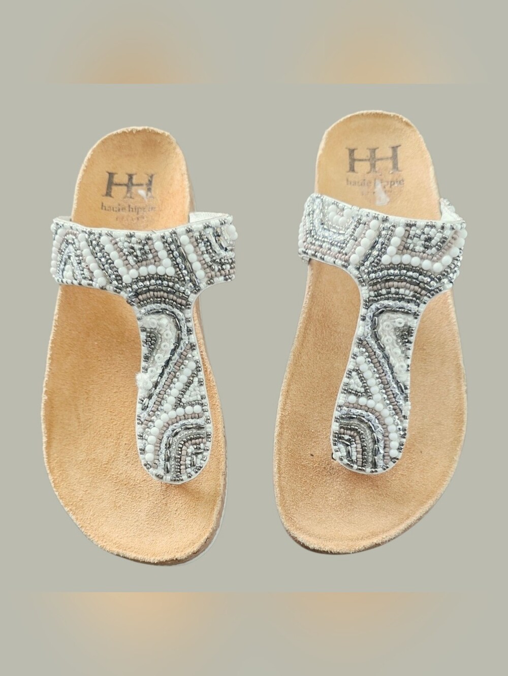 Haute Hippie White Beaded T-Strap Sandals